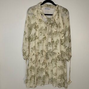 En Saison Leighton Toile Minidress Cream and Olive Patterned Dress Ruffle Large